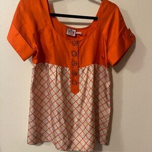Juicy Couture 100%Silk Orange and White Babydoll Blouse